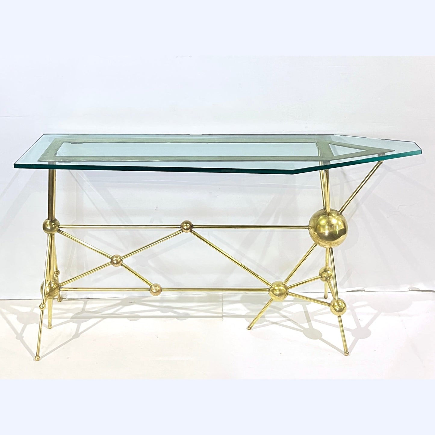 Italian Modern Atomic Planet Design Slim Asymmetrical Brass Sphere Console Table