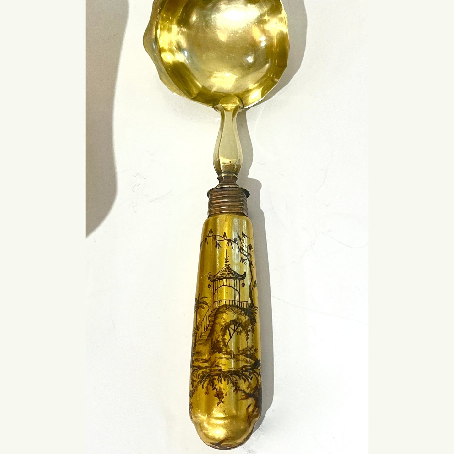 Mid-Century Modern French Gilded Ceramic Bowl & Spoon with Black Chinese Pattern