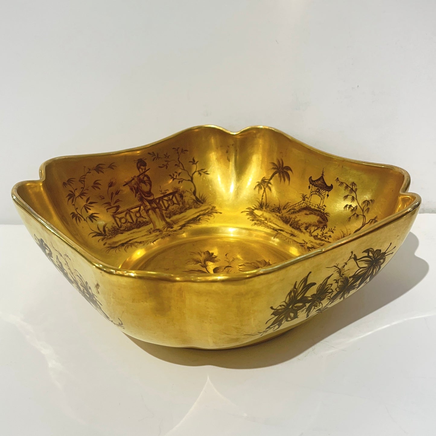 Mid-Century Modern French Gilded Ceramic Bowl & Spoon with Black Chinese Pattern