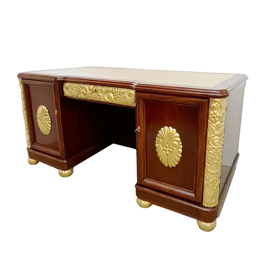 1920s French Art Deco Leather Writing Top Giltwood Carving Rosewood Desk