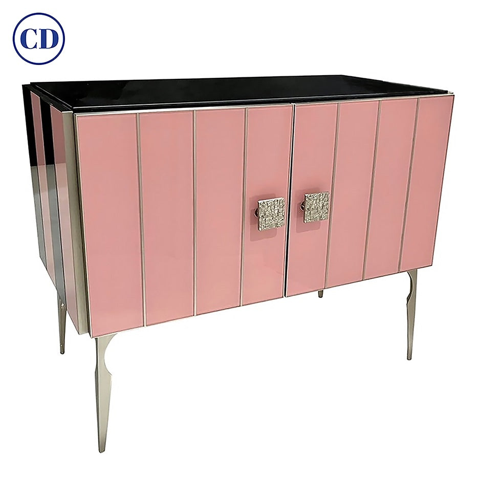 Customizable Modern Italian Art Deco Style Pink Black Stripe Glass Satin Nickel Cabinet /Bar