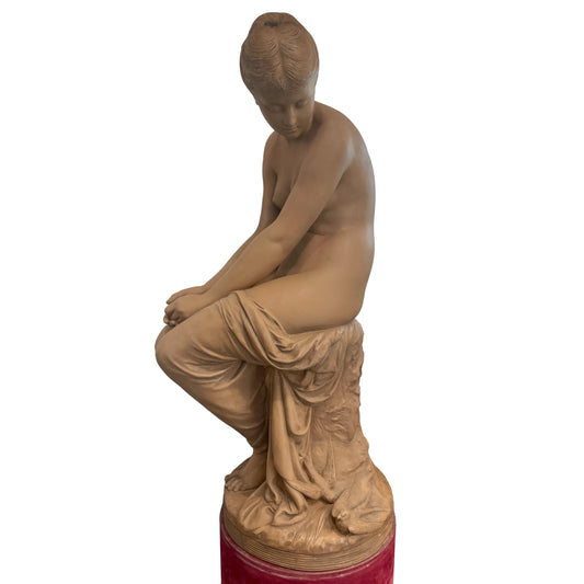 19th C French Antique Signed Taupe Terracotta Sculpture of Woman And Sparrows