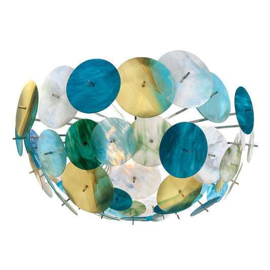Modern Italian Aqua Blue Green White Cream Murano Glass Nickel Sputnik Flushmount