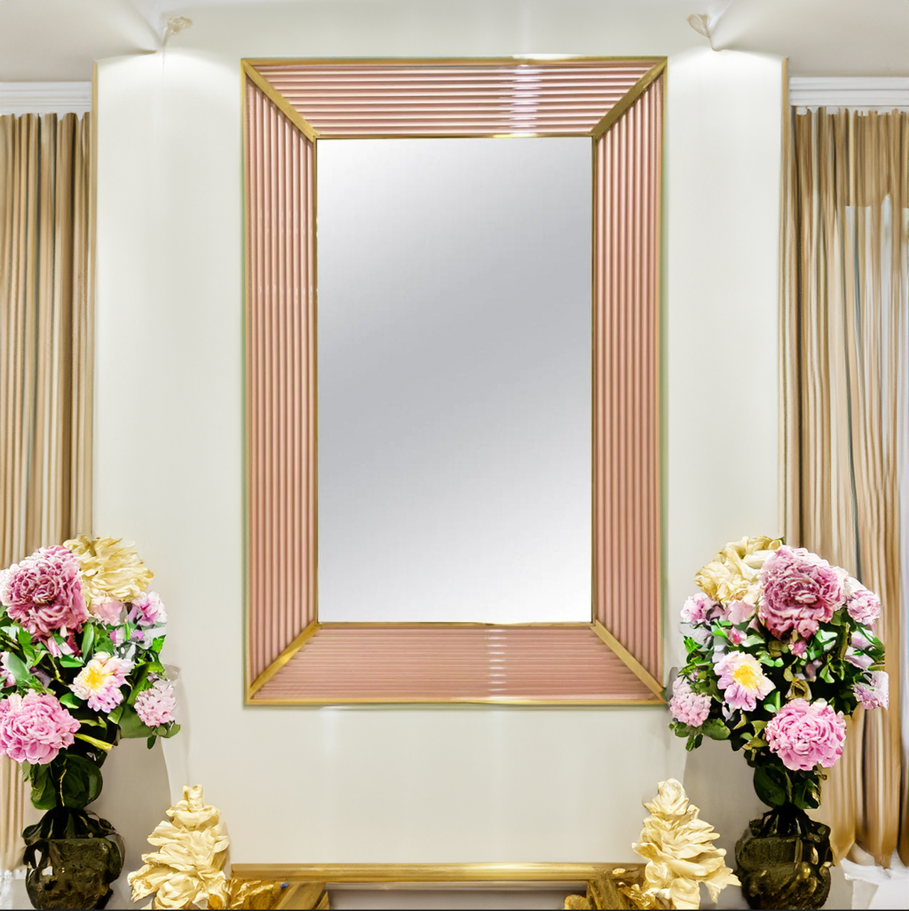 Bespoke Italian Art Deco Design Iridescent Pink Fluted Murano Glass Brass Mirror
