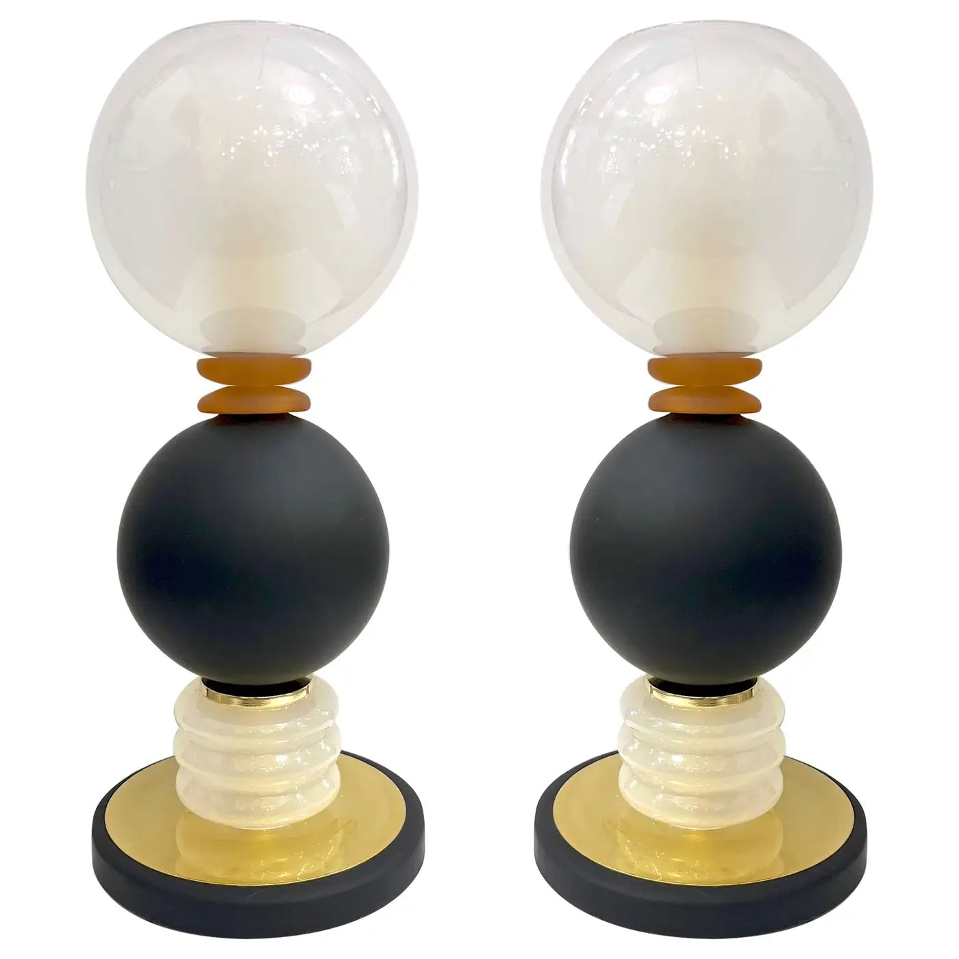 1980s Vintage Italian Pair of Frosted White Matte Black Glass Sphere Table Lamps