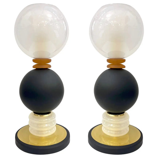1980s Vintage Italian Pair of Frosted White Matte Black Glass Sphere Table Lamps