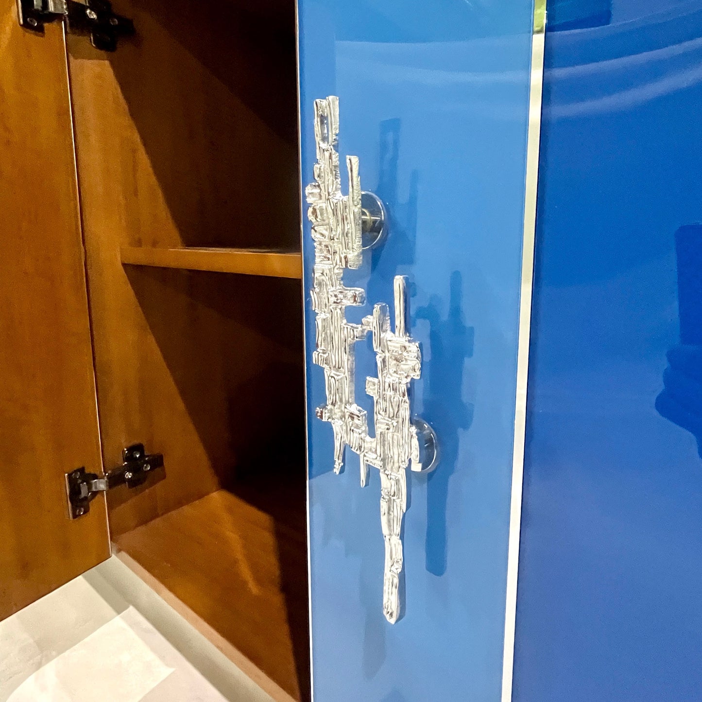 Customizable Italian Post Modern Blue Grey White Glass Nickel Cabinet/Sideboard