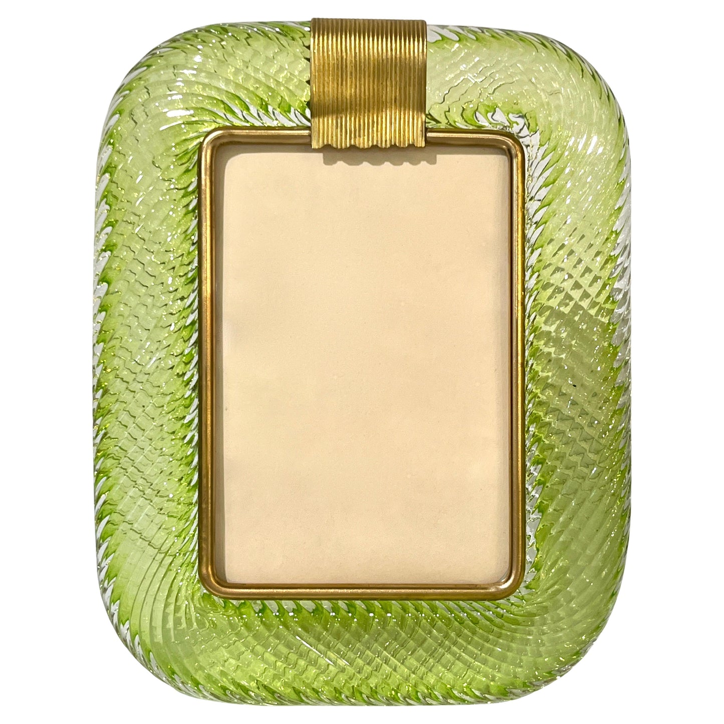 2000s Barovier Toso Italian Emerald Green Murano Glass and Brass Picture Frame