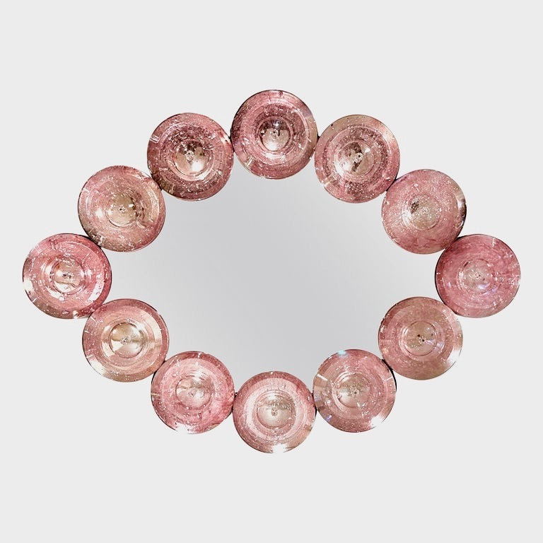 Contemporary Italian Custom Blush Pink Murano Glass Disc Modern Oval Mirror
