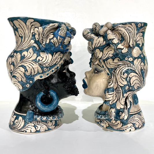 Vintage Italian Signed Black White Blue Moorish Man Woman Sculpture Head Vases