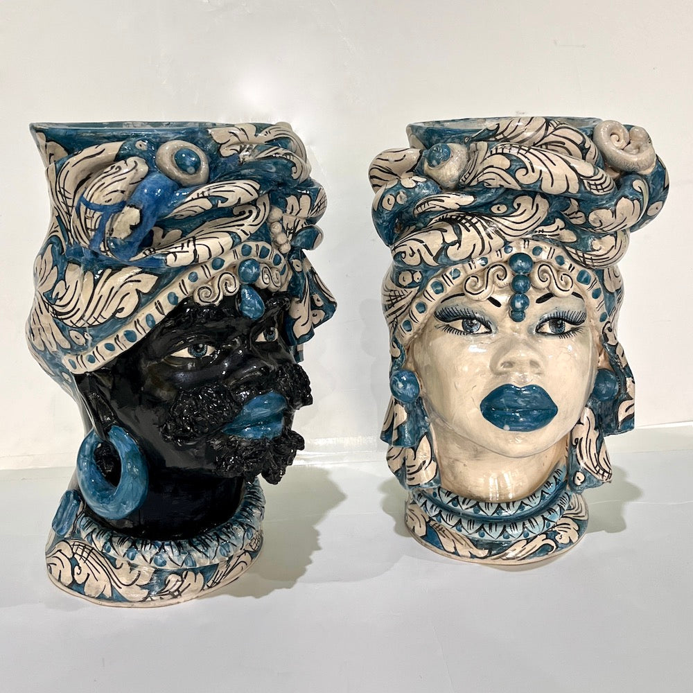 Vintage Italian Signed Black White Blue Moorish Man Woman Sculpture Head Vases