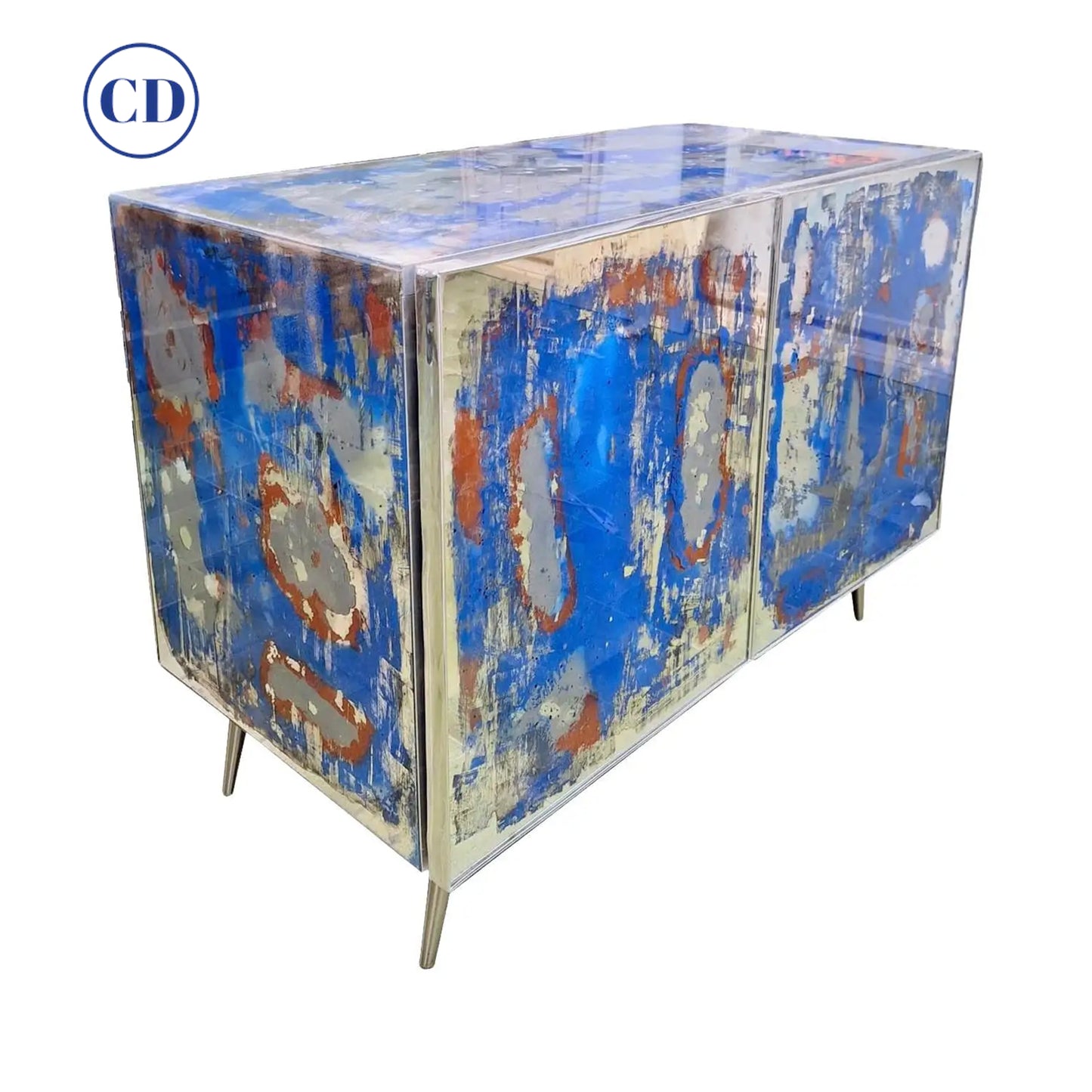 Italian Post Modern Abstract Art Blue Brown Satin Nickel Finish Mirror Cabinet