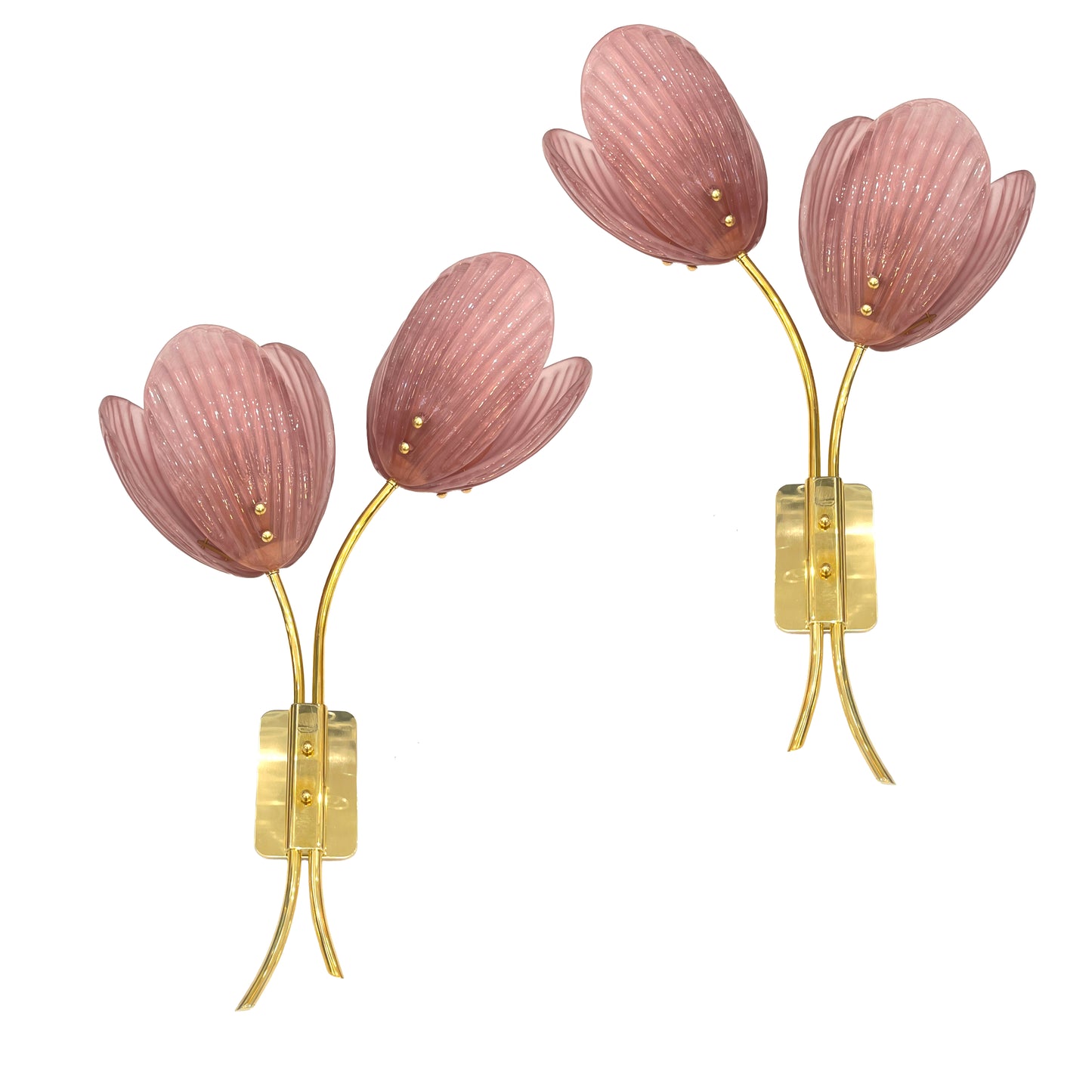 Contemporary Italian 2-Branch Pink Murano Glass Tulip Flower Gold Brass Sconces