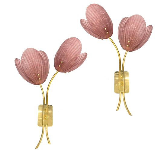 Contemporary Italian 2-Branch Pink Murano Glass Tulip Flower Gold Brass Sconces
