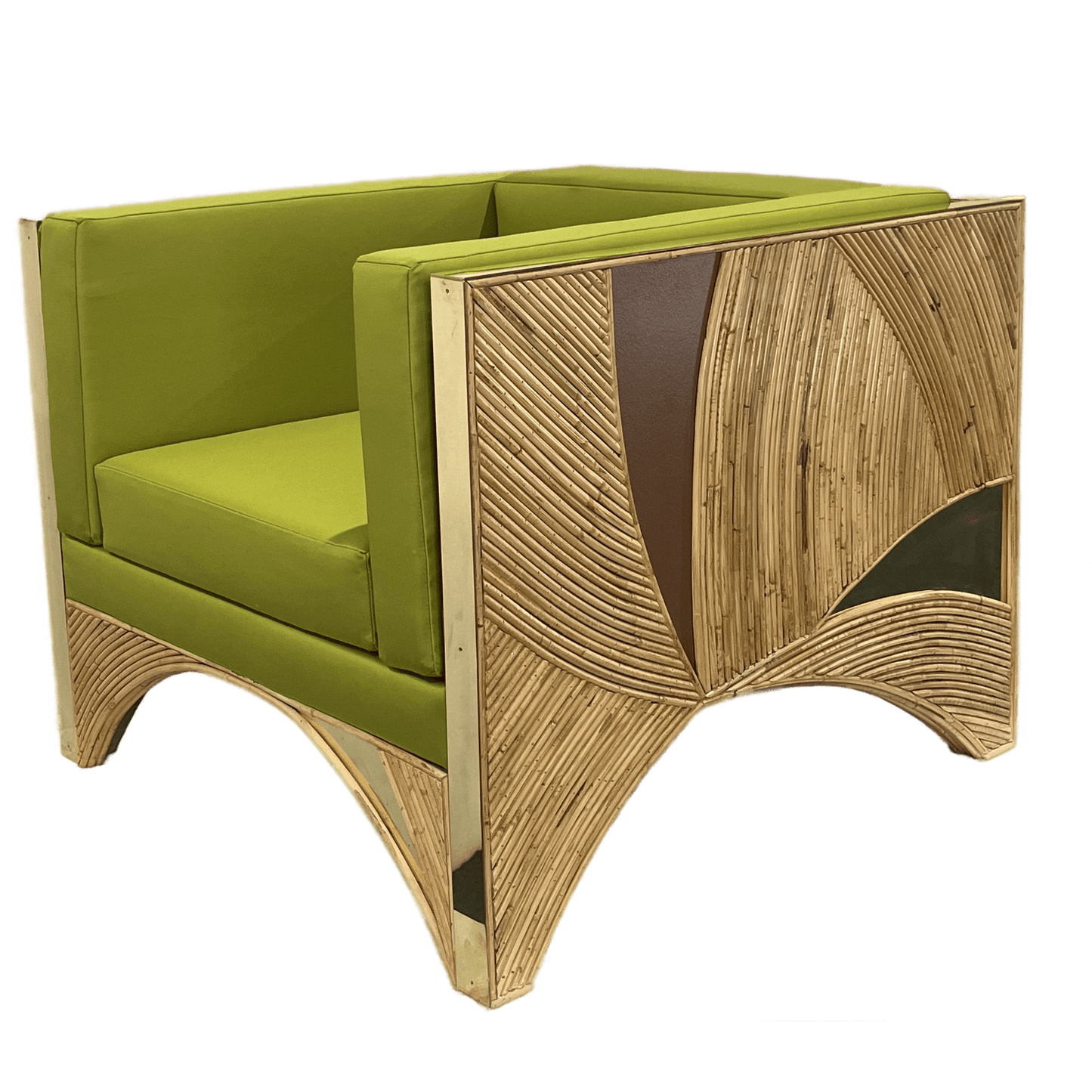 Contemporary Italian Rattan Armchair with Green Brass Details & Yellow Fabric
