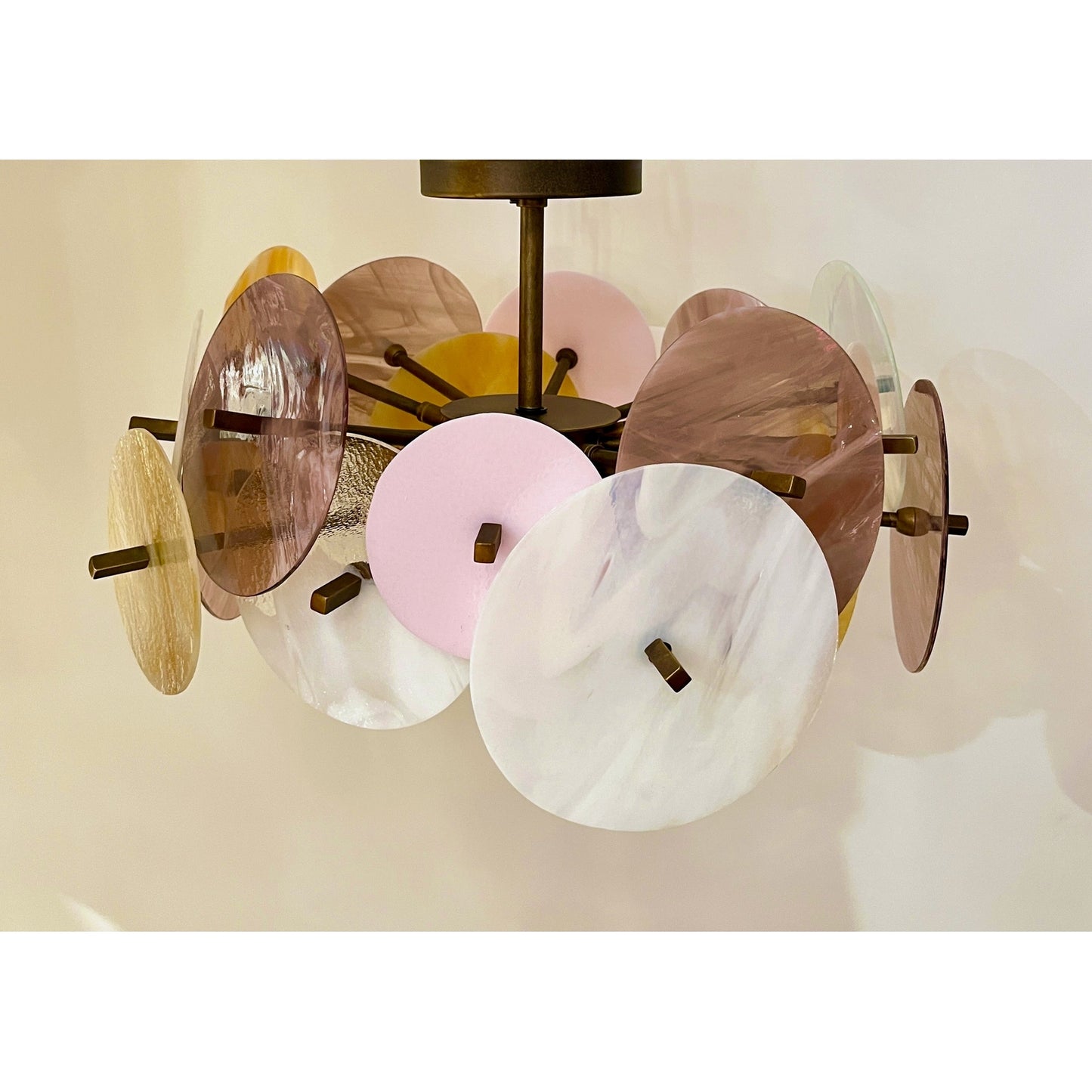 Italian Yellow White Pink Pastel Murano Glass Bronze Circular Sputnik Chandelier
