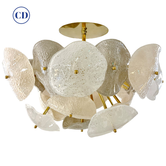 Modernist Italian Gray White Light Beige Murano Glass Leaf Sputnik Flush Mount
