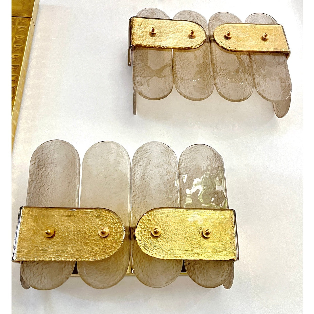 Post Modern Organic Italian Pair Geometric Beige Murano Glass Gold Leaf Sconces