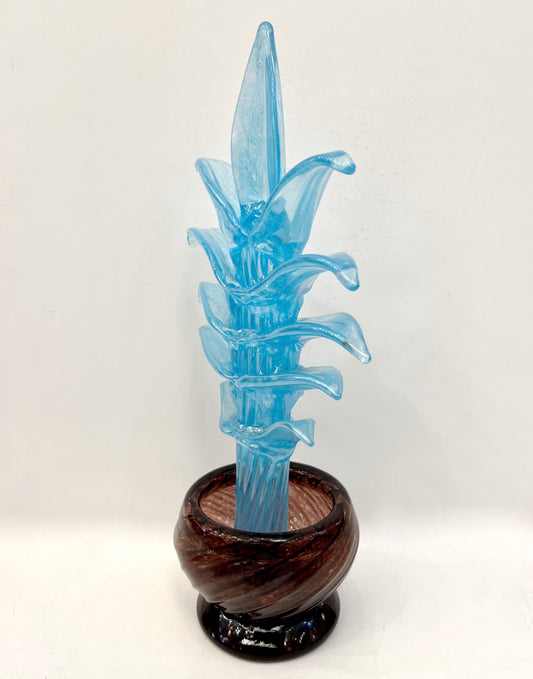 1990s Italian Sky Blue Leaves Murano Art Glass Cactus Plant in Purple Pot