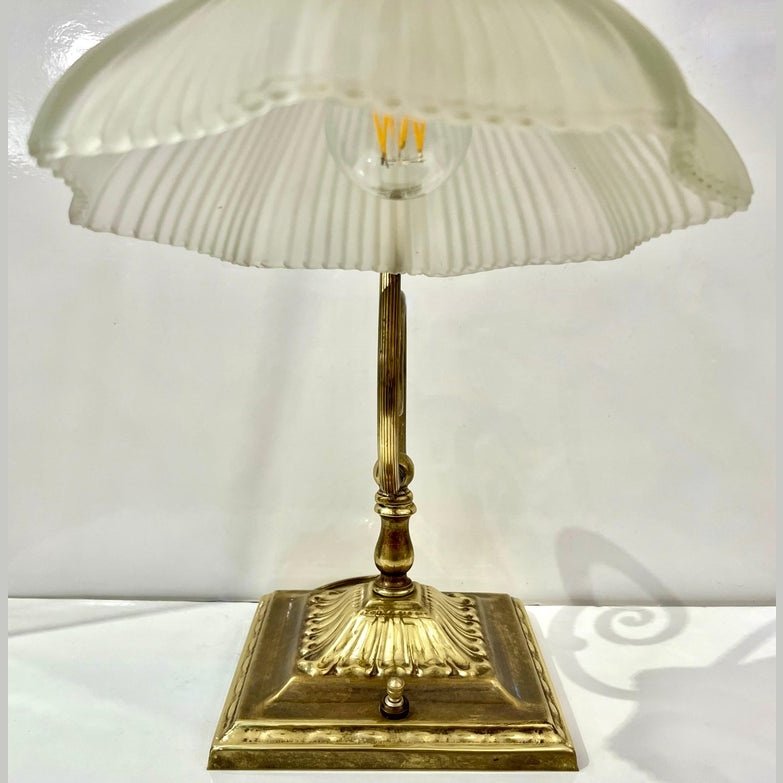1950s American Art Deco Style Brass Table/Desk Lamp with Satin White Glass Shade