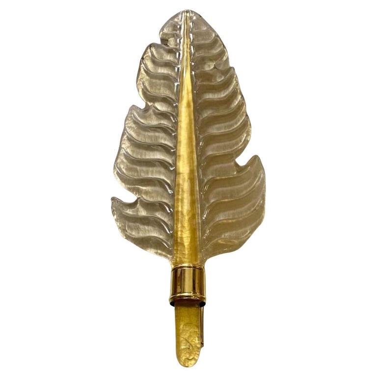 Contemporary Italian Art Deco Pink Murano Glass & Brass Feather Leaf Wall Light