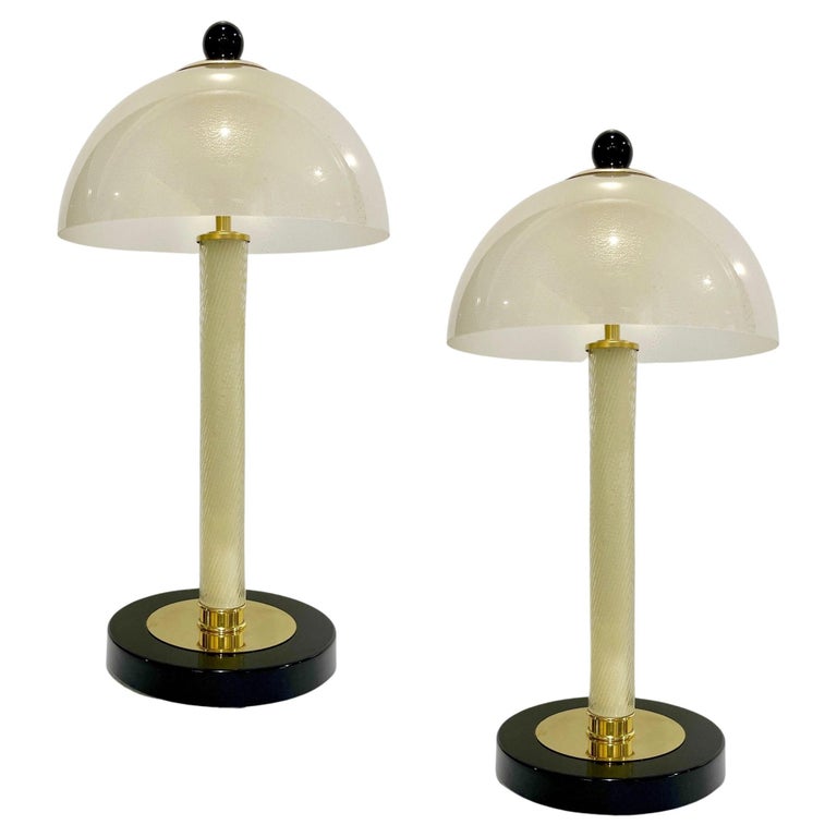 Italian Modern Pair of Art Deco Design Black White Gold Murano Glass Dome Lamps