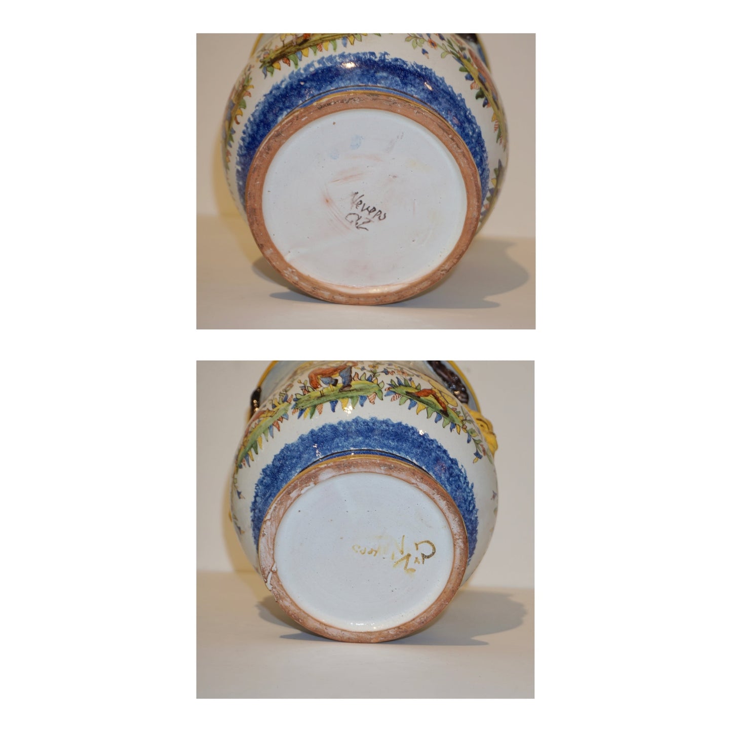 1870s French Pair of Yellow Blue Green Red White Majolica Jardinières / Vases