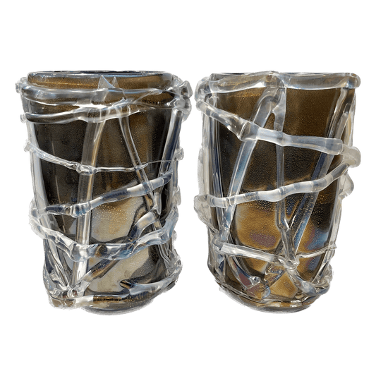 Cenedese Italian Modern Pair of Iridescent Black Gold Crystal Murano Glass Vases