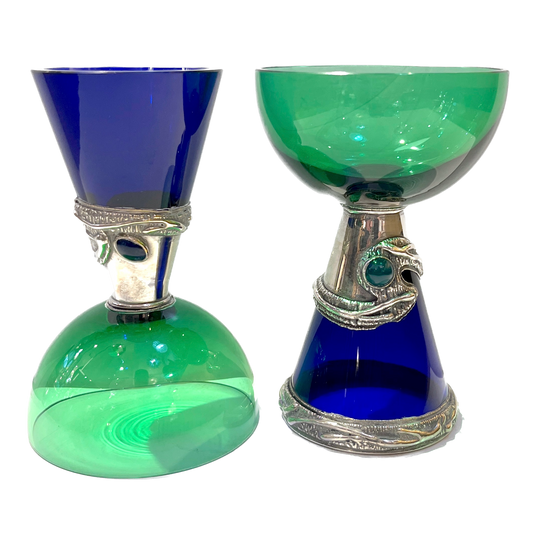 1980 Domar Israel Art Nouveau Style Green Cobalt Blue Glass Silver Vase Glasses