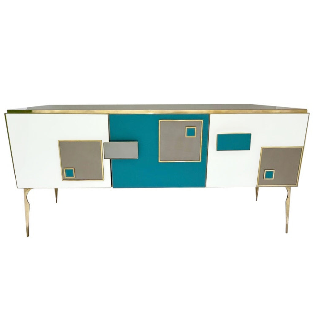Modern Italian Ivory Gray Teal Blue Geometric Postmodern Brass Cabinet Sideboard