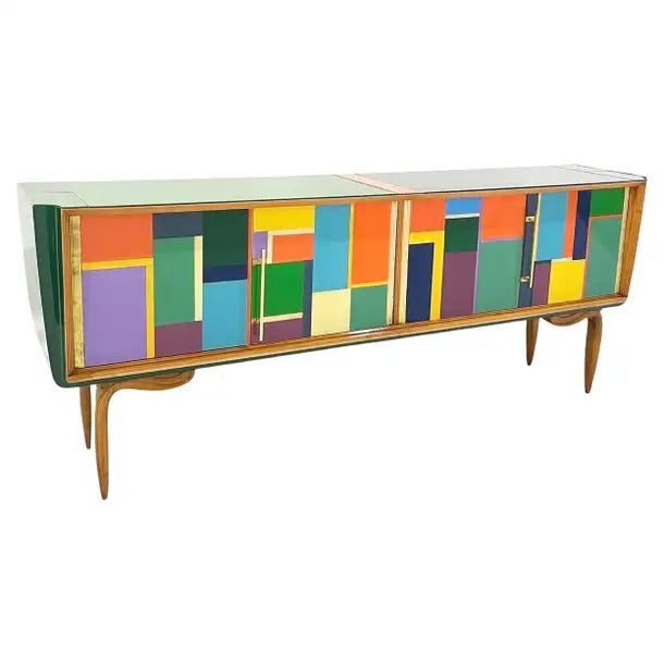 Italian Vintage Mondrian Style Green Orange Yellow Blue Glass 4-Door Sideboard