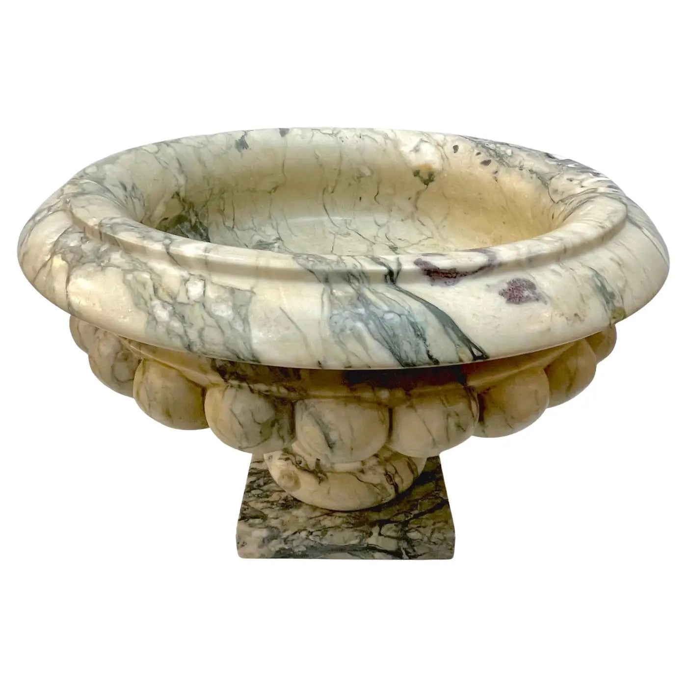 1960s Neoclassical Italian Carved Beige Marble Tazza Bowl with Green Pink Veins