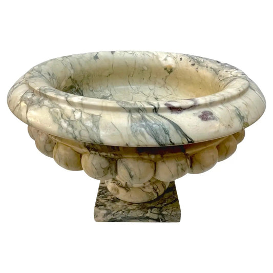 1960s Neoclassical Italian Carved Beige Marble Tazza Bowl with Green Pink Veins