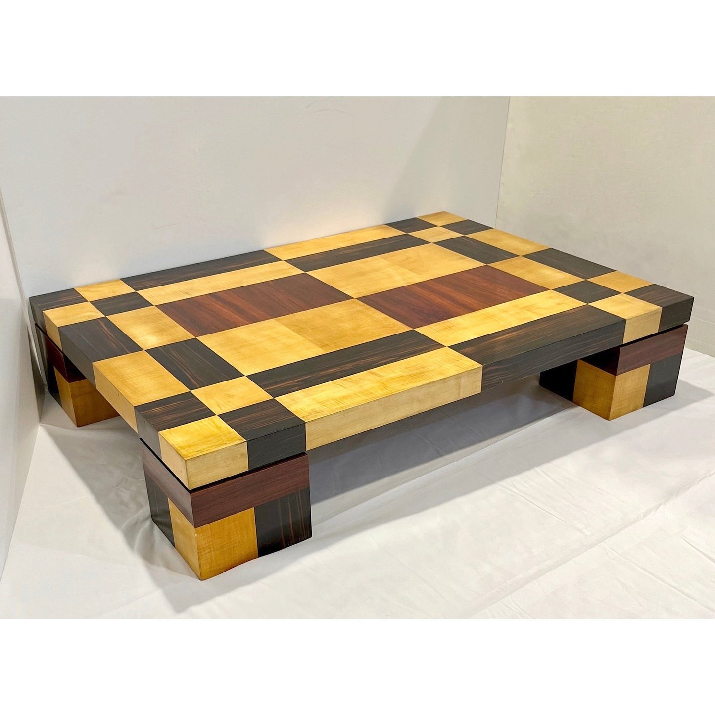 1970s Italian Vintage Walnut Cherrywood Maple Geometric Center Coffee Table