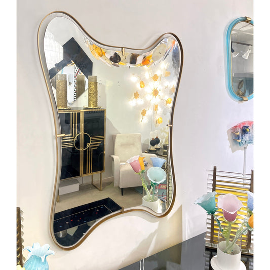 Modern Italian Minimalist Brass Mirror with Organic Asymmetric Curved Frame