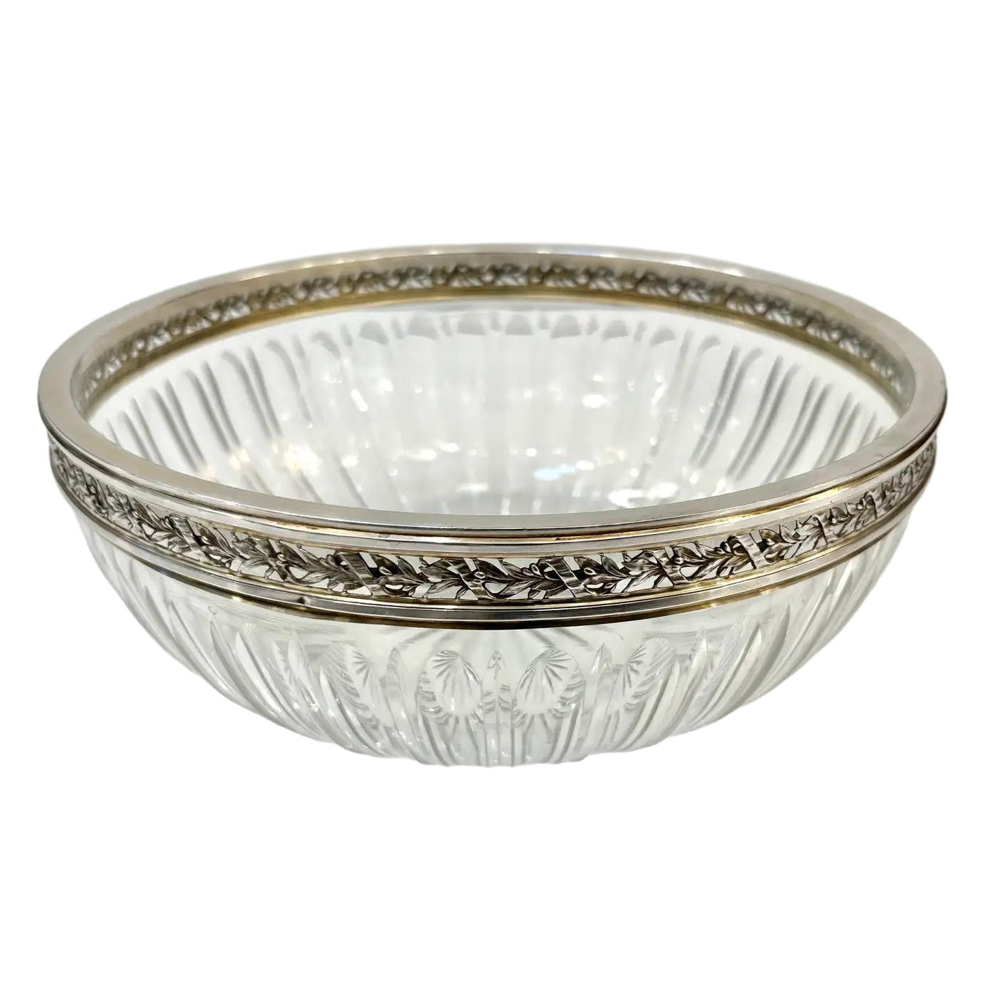 Antique French Neoclassical Foliage Decor Silver Plated Rim Cut Crystal Bowl