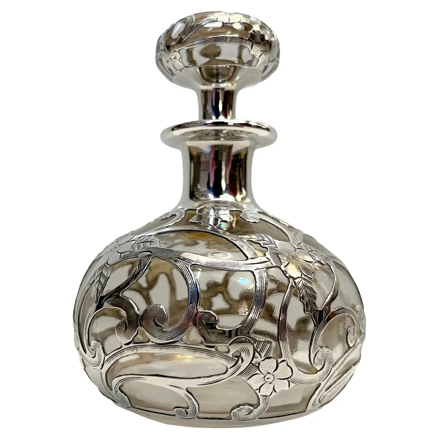 French Art Deco Sterling Silver Flower Overlay Crystal Glass Perfume Bottle