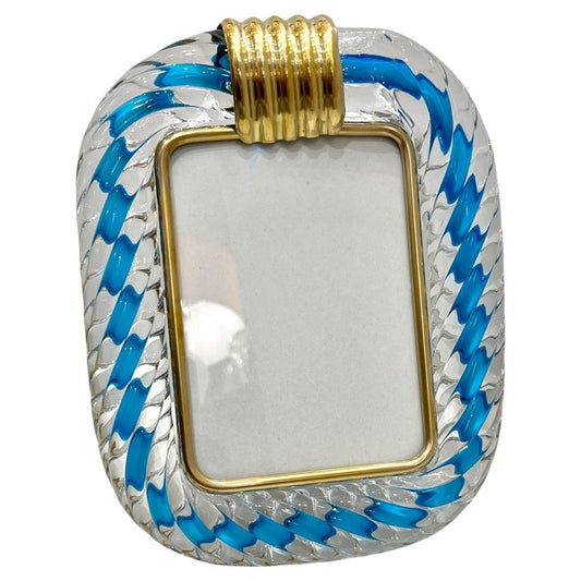 Italian Barovier Toso Brass & Turquoise Crystal Murano Glass Modern Photo Frame