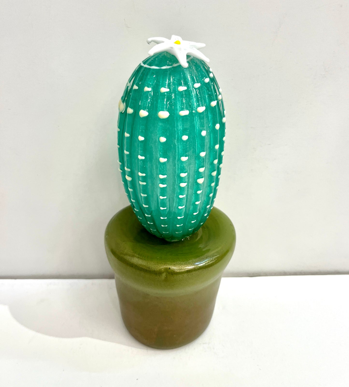 2000s Italian Moss Green Gold Murano Art Glass Cactus Plant with White Flower
