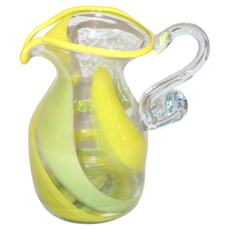 Italian Murano Glass Modern Pitcher Jug with Yellow Lime Green Filigrana