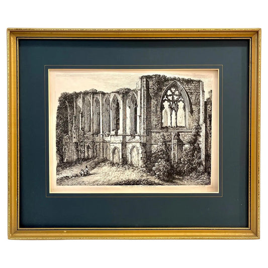 19th C. Easby Abbey English Antique Gold Framed Green Mat Black White Engraving