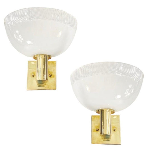 Venini 1960s Italian Art Deco Design White Murano Glass Bowl Brass Wall Lights