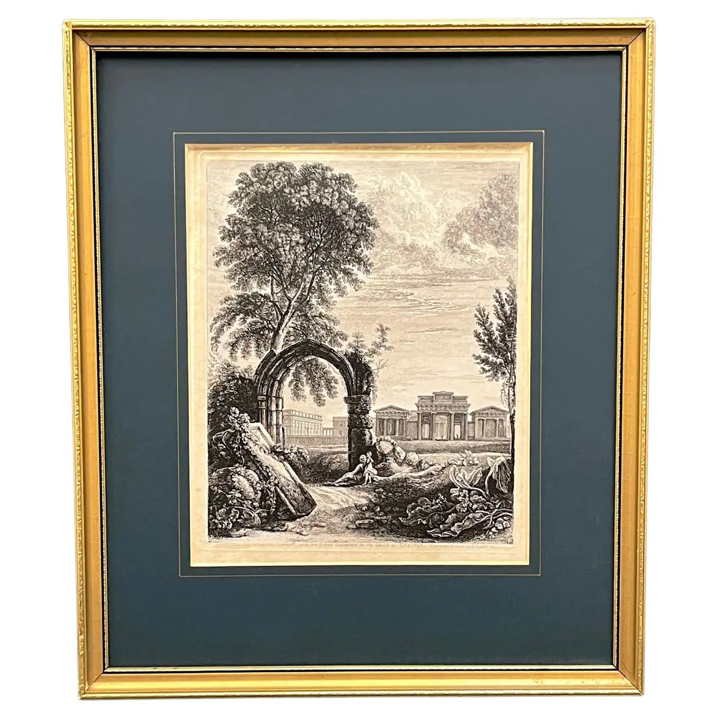 【カントリーアンティーク】Giorgio's County Creations 19th C. Antique English Chester Castle Gold Framed Green Mat Black