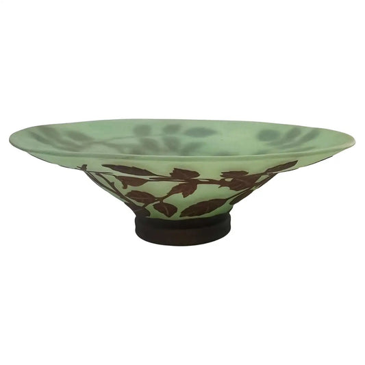 1970 Austrian Vintage Art Nouveau Rose Leaf Decor Green Brown Overlay Glass Bowl