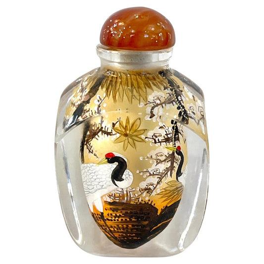 Asian Crane Birds Reverse Painted Cut Glass Decorative Bottle with Agate Stopper