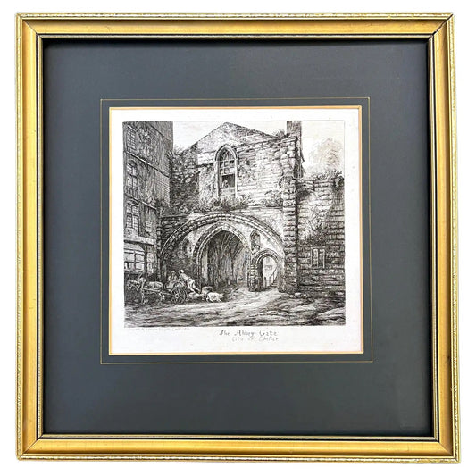 19th C. The Abbey Gate English Antique Gold Framed Green Mat Black White Etching