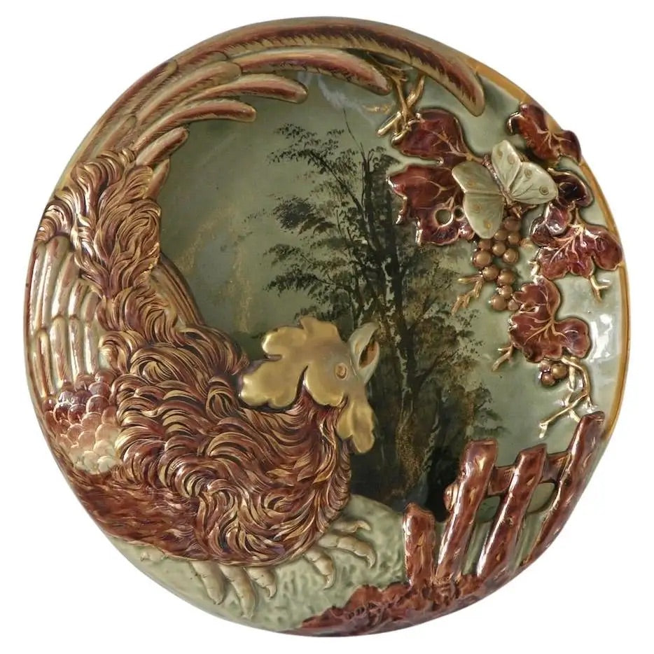 Antique Lunéville French Green Brown Gold Majolica Butterfly Wall Pocket Vase