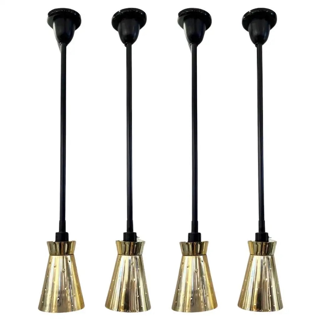 LUCI Set of 4 Italian Mid-Century Black & Perforated Brass Cone Pendant Lights