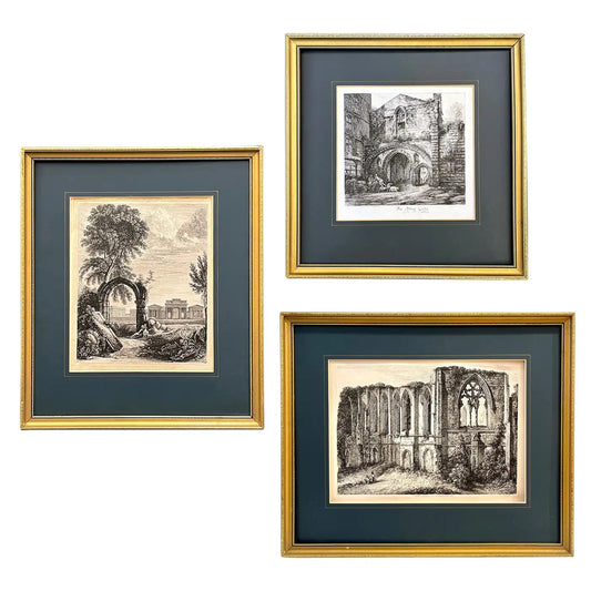 19th Century Antique English Set of 3 Gold Framed Green Mat Black White Etchings
