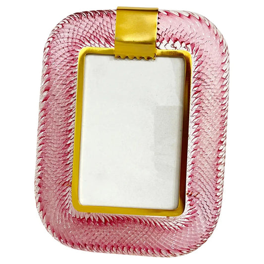 2010 Modern Italian Rose Pink Crystal Twisted Murano Glass Brass Picture Frame